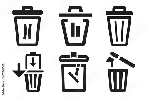 Trash Bin Icon Set Minimalist Disposal and File Management Symbols