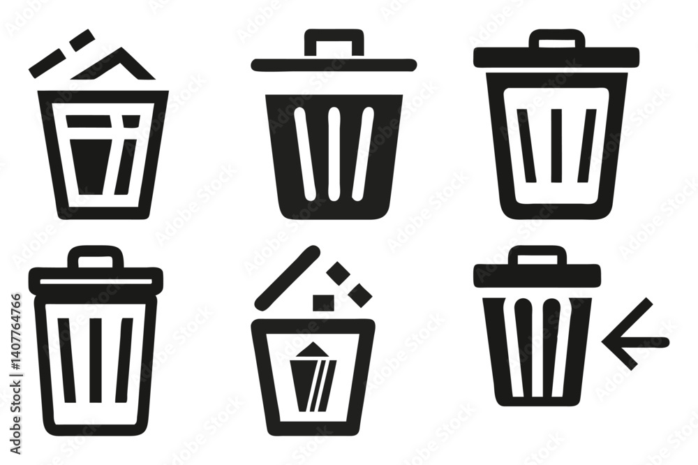 Trash Bin Icon Set Minimalist Disposal and File Management Symbols Trash Bin Icon Set Minimalist Disposal and File Management Symbols