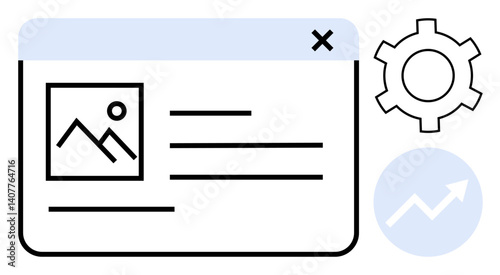 Web page layout featuring image, text, gear icon, and rising arrow. Ideal for web design, development, SEO, data analysis optimization tech solutions growth. Simple landing page