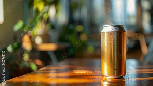 Golden Aluminum Can on Wooden Table in Sunlit Room