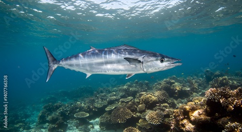 Majestic Wahoo Gliding Through Vibrant Coral Reef