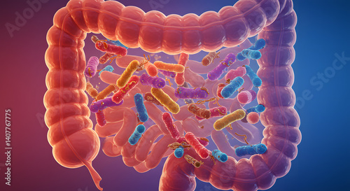 Gut health and microbiome illustration for digestive system and probiotics research concept image