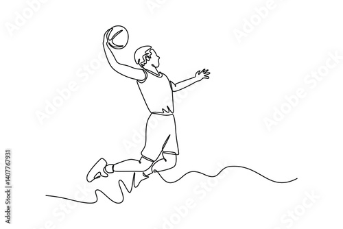 Continuous one line drawing young male basketball player makes slam dunk at national sport arena. Active strong sportsman on competitive game play. Single line draw design vector graphic illustration