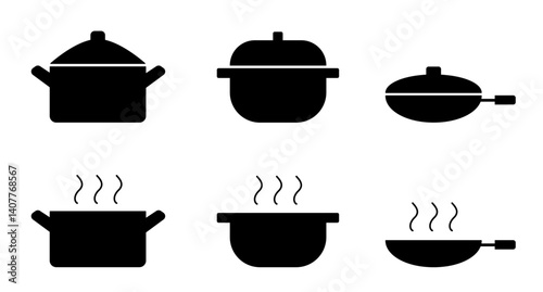 cooking pan frying roasting. Cooking pan. Frying pan and pan set icons. Cooking , Roasting food icons.
