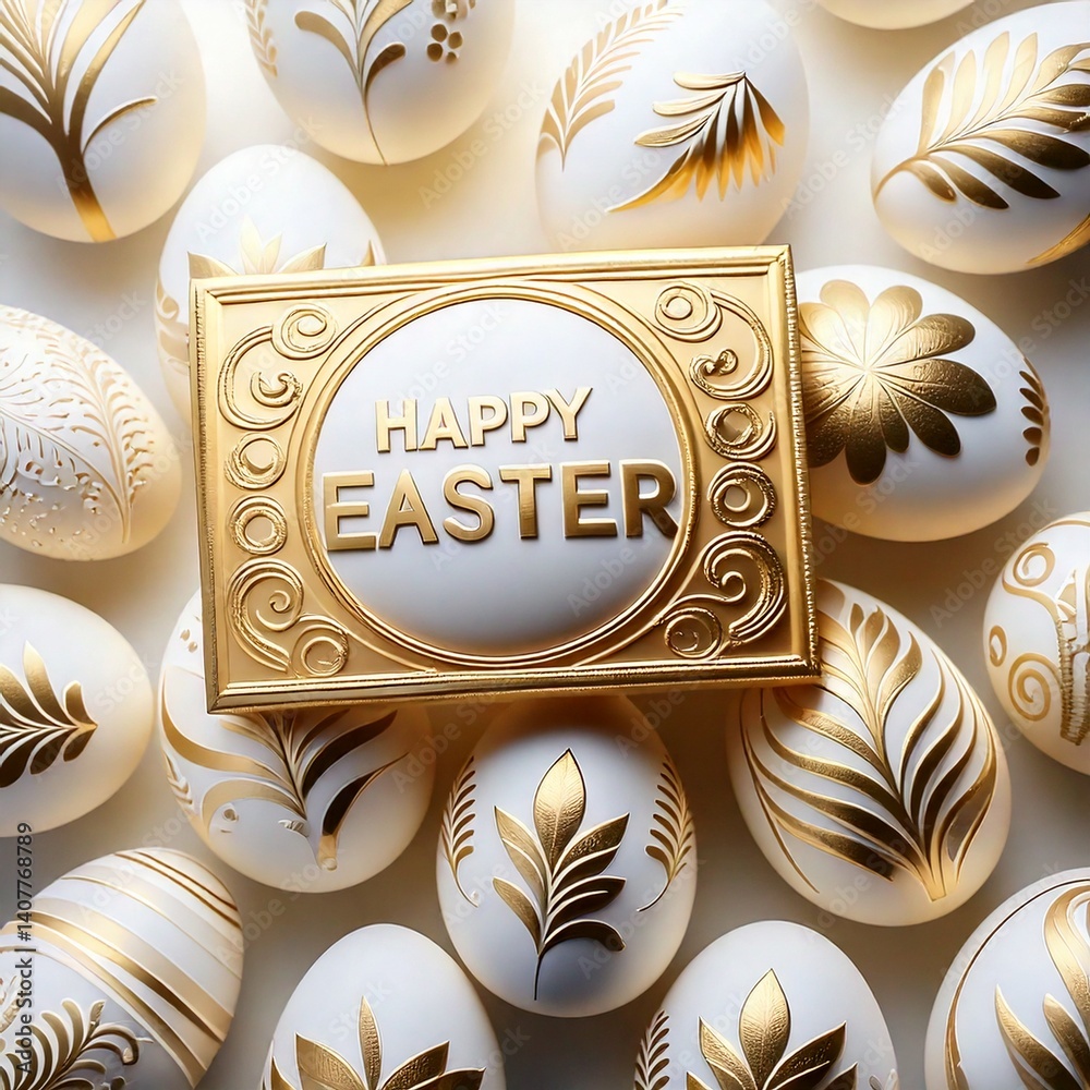 Biało-złote pisanki i kartka z napisem Happy Easter. Wielkanocna kartka świąteczna