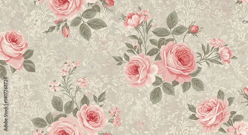 Wallpaper Mural Blush Roses & Grey Damask: Elegant Floral Pattern AI Generated Torontodigital.ca
