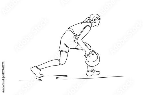 Continuous one line drawing female basketball player wear sports clothes doing dribbling training at game playground court. Outdoor courtyard sport. Single line draw design vector graphic illustration