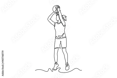 Single continuous line drawing pretty female basketball player doing jump shot for scoring point on big professional court arena during the game play. One line draw graphic design vector illustration