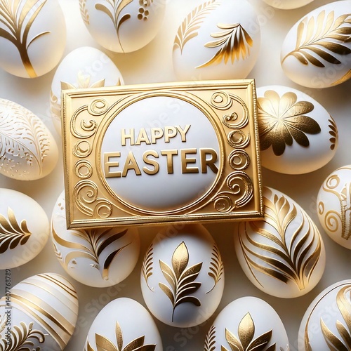 Obraz na płótnie Biało-złote pisanki i kartka z napisem Happy Easter. Wielkanocna kartka świąteczna w salonie
