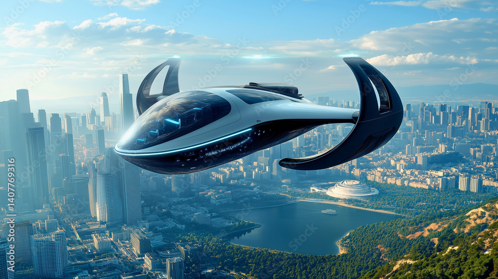 Obraz premium 近未来の最新の移動タクシー、夢の空飛ぶ車をイメージ/The latest mobile cab of the near future, the image of the flying car of your dreams.