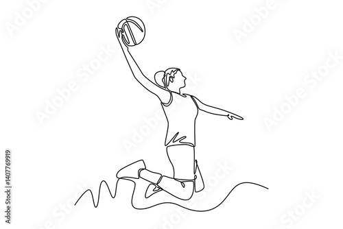 Single continuous line drawing attractive female basketball player makes slam dunk at sport court arena. Healthy urban lifestyle on competitive game. One line draw graphic design vector illustration