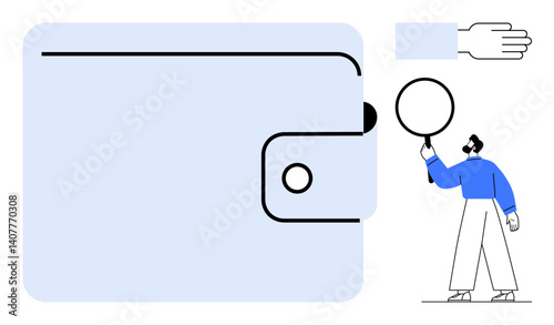 Large minimalist wallet with button closure, abstract character balancing circle, and hand gesture. Ideal for finance, savings, banking, digital wallets, organization, simplicity and a clean landing