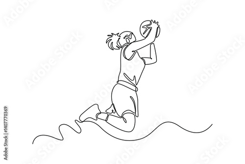 Single continuous line drawing pretty female basketball player makes slam dunk on professional arena in the game play. Players wearing sport uniform. One line draw graphic design vector illustration