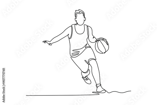 Single one line drawing attractive sportsman wear basketball uniform dribbling the ball. Training at game court arena. Outdoor courtyard sport. Continuous line draw design graphic vector illustration