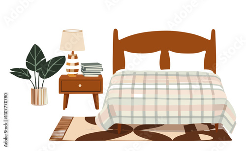 A cartoon drawing of a bedroom with a bed, nightstand, and a plant. The bed is covered with a white and pink plaid blanket