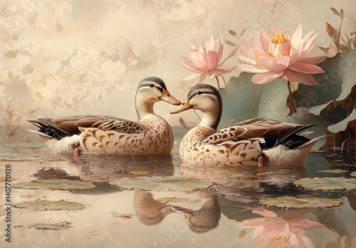 Aquatic Bird Duck Swimming in Pond Vintage Botanical Illustration with Reeds and Water Lilies