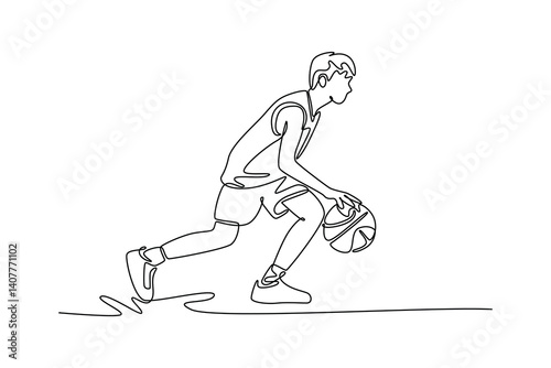 Single one line drawing professional basketball player dribbling ball, exhibiting agility and control on the court. Competitive sport game play. Continuous line draw design graphic vector illustration