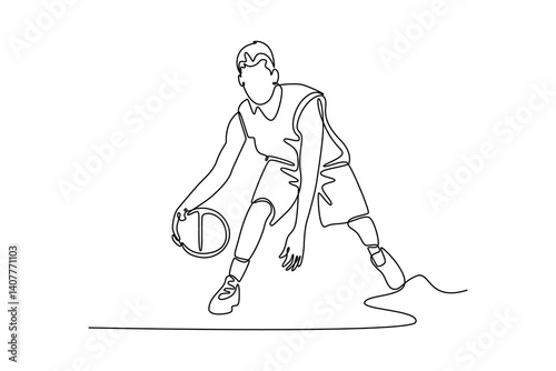 Single one line drawing sporty sportsman wear sports clothes doing dribbling training at basketball game playground court. Outdoor courtyard sport. Continuous line design graphic vector illustration