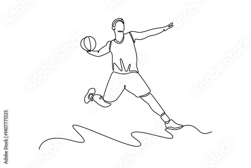 Single one line drawing attractive male basketball player makes slam dunk at sport court arena. Healthy sportsman lifestyle on competitive game. Continuous line draw design graphic vector illustration