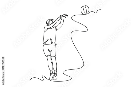 Single one line drawing professional basketball player in sport uniform doing jump shooting for scoring point while training on national court arena. Continuous line design graphic vector illustration