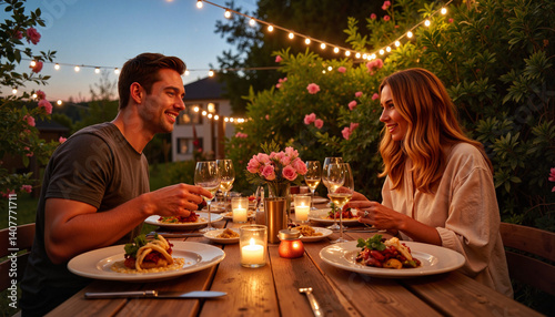 Romantic dinner under string lights in a garden  