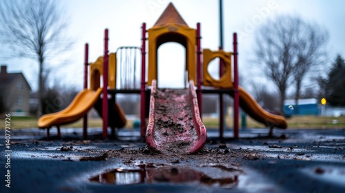 Muddy Playground Slide on Cloudy Day