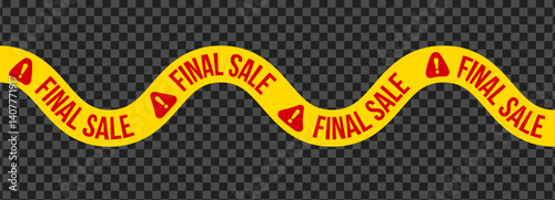 Final sale ribbon with warning sign, waving shape, bright attention-grabbing design. Suitable for store advertising, clearance promotions, marketing banners. Flat vector illustration