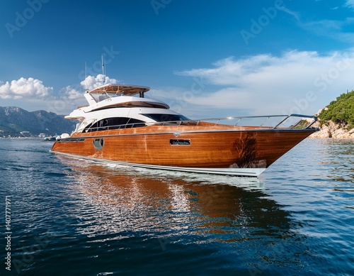 wooden luxury boat with chrome accents and a sleek design floating in the water