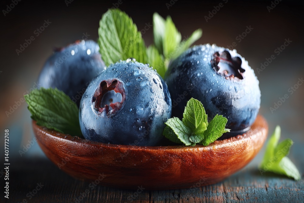 Fresh blueberries arranged in a wooden bowl surrounded by mint leaves on a rustic table Fresh blueberries arranged in a wooden bowl surrounded by mint leaves on a rustic table