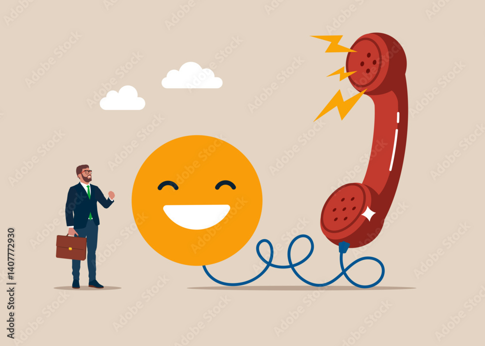 Businessman talk in phone call. Giving positive feedback from customer feedback reviews. Support, customer service, help, communication concept. Flat vector illustration. Businessman talk in phone call. Giving positive feedback from customer feedback reviews. Support, customer service, help, communication concept. Flat vector illustration.