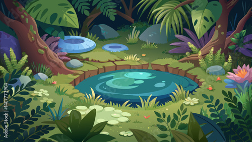 A tiny pond sits quietly among shrubs and ferns, hidden like a natural secret