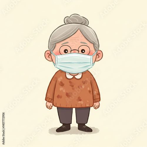 Elderly in medical mask. Old Woman Wearing Mask Standing Against Beige Background