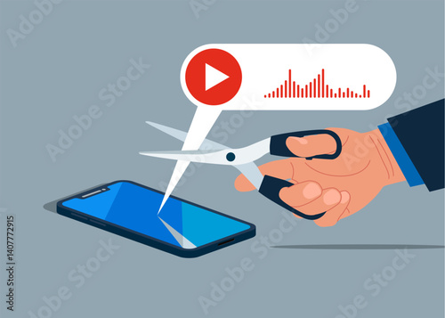Do not disturb. Hand uses scissors to cut out the voice message. Block unwanted messages, filter messages from unknown senders. Flat vector illustration.