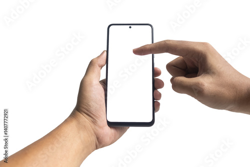 male hand holding and touching smartphone with blank screen smartphone. isolated on white background. copy space. transparent png
