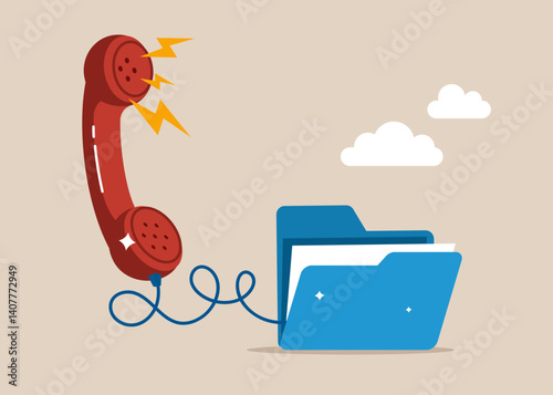 Telephone and files folder. Organize folder, leadership skill or trust on work responsibility. Organize document files into archive folders. Flat vector illustration.