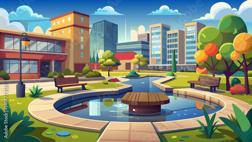 A small urban pond surrounded by benches and modern buildings under a clear sky