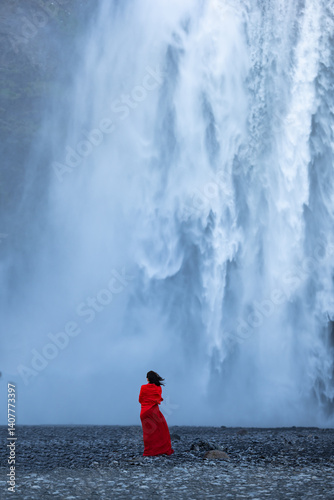 Obraz na płótnie A woman in a red dress stands before the powerful Skógafoss waterfall in Iceland, her figure contrasting sharply against the mist and roaring cascade. w salonie