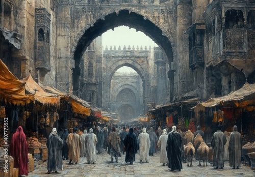 Midan mosque in Baghdad with bustling market square, people, camels, intricate architecture, Islamic design, historical religious landmark