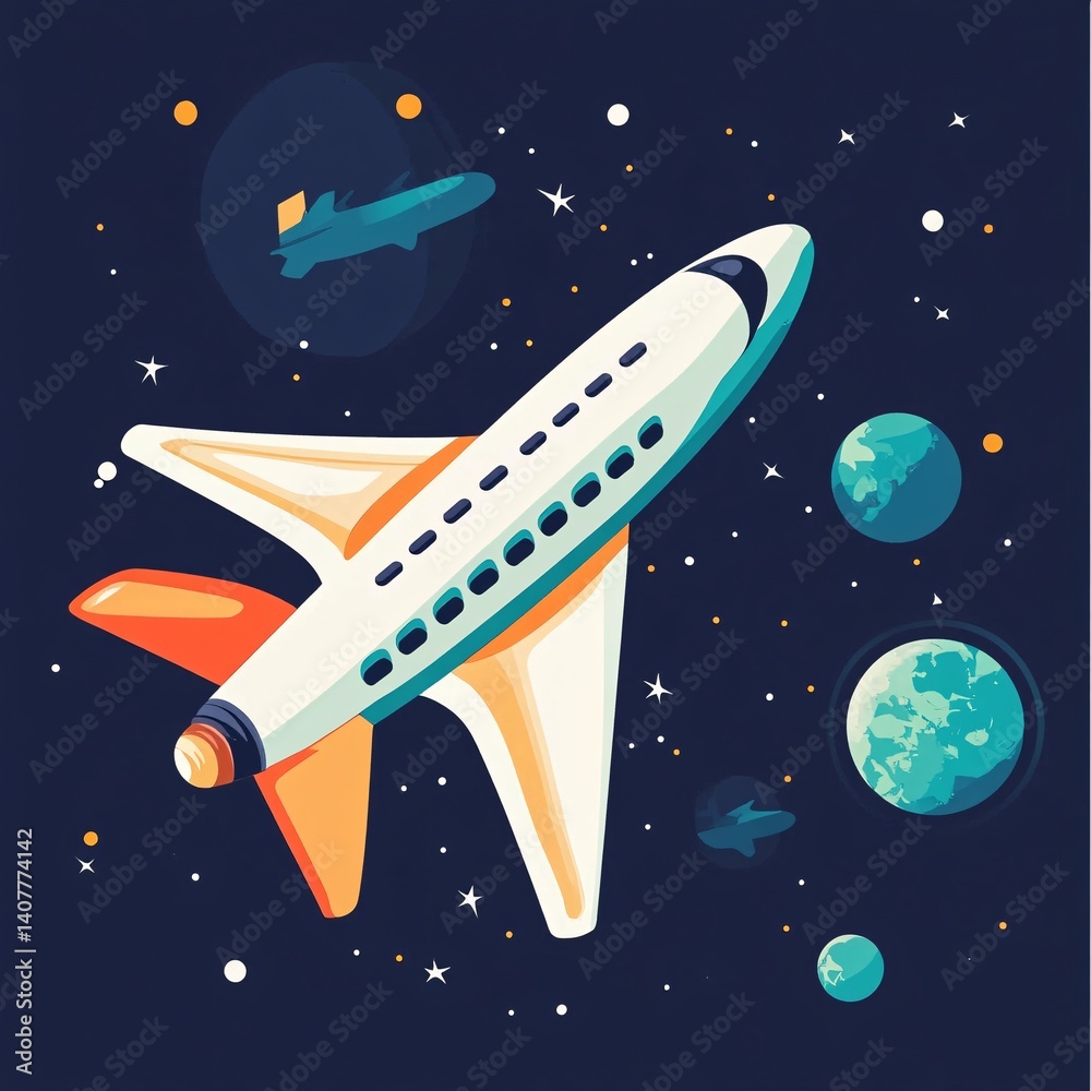 Naklejka premium Spaceship flying through space past planets and stars