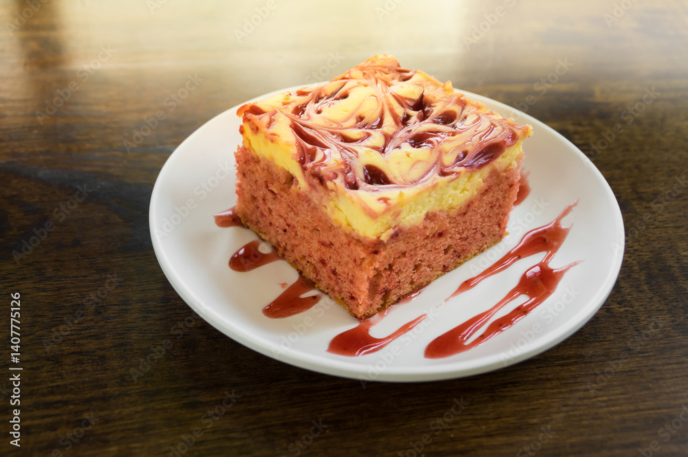 Square shape strawberry cheese cake on white dish. Square shape strawberry cheese cake on white dish.