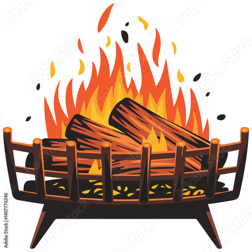 wooden bonfire metal fireplace stand isolated vector illustration on white background