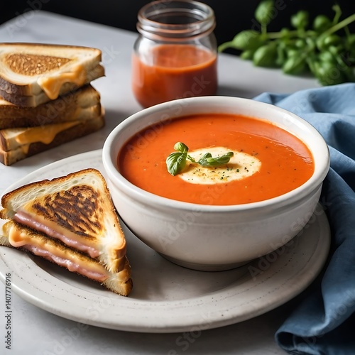 A steaming bowl of creamy tomato soup with grilled cheese.