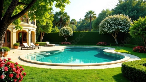 Luxury Estate Backyard Oasis Featuring a Freeform Swimming Pool and Lush Landscaping