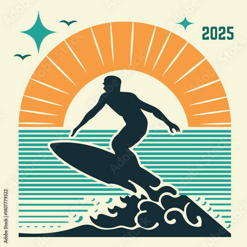 Retro-surf-poster,-stylized-surfer-silhouette,-geometric-sun-rays,--minimalist-waves,-2025-text,-seagull-silhouettes,-vintage-beach-aesthetic,-vector-art-style,-balanced-composition,-clean-lines