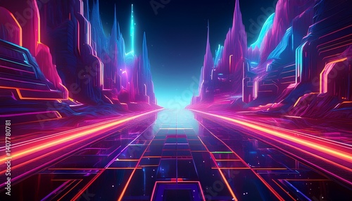 futuristic digital landscape with vibrant neon lights and patterns