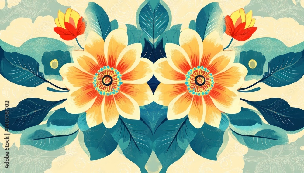 Fototapeta premium Symmetrical floral design showcasing vibrant botanical elements and balanced composition