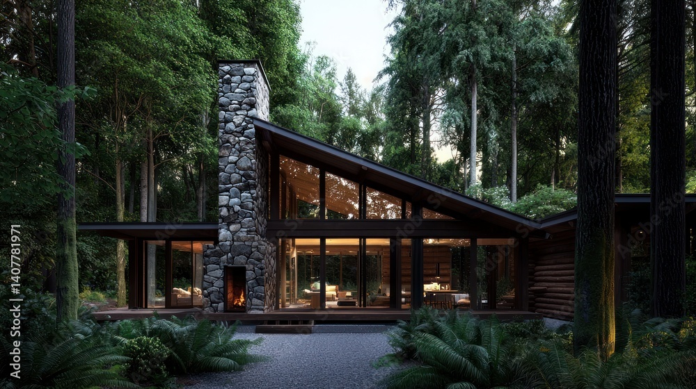 Modern cabin nestled in a forest, evening light, stone fireplace Modern cabin nestled in a forest, evening light, stone fireplace