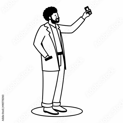 Line Art Afro american customer man holding credit card pointing with finger standing over isolated white background