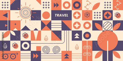 Geometric travel pattern illustration with various shapes and symbols.