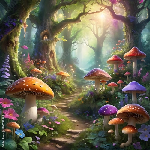 A magical forest setting with edible flowers and glowing mushrooms. photo